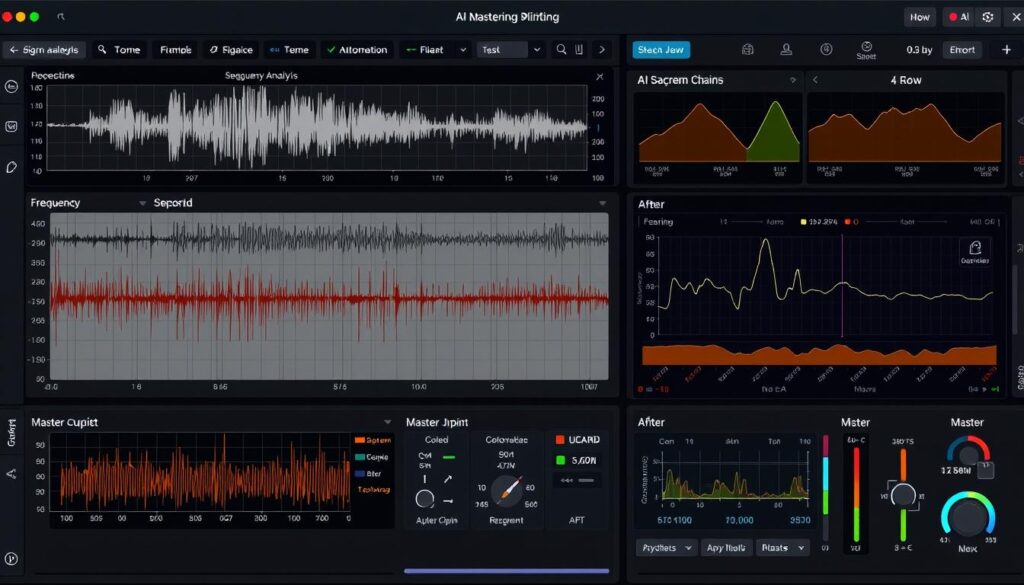 AI mastering interface showing frequency analysis and automated processing for music in 2025