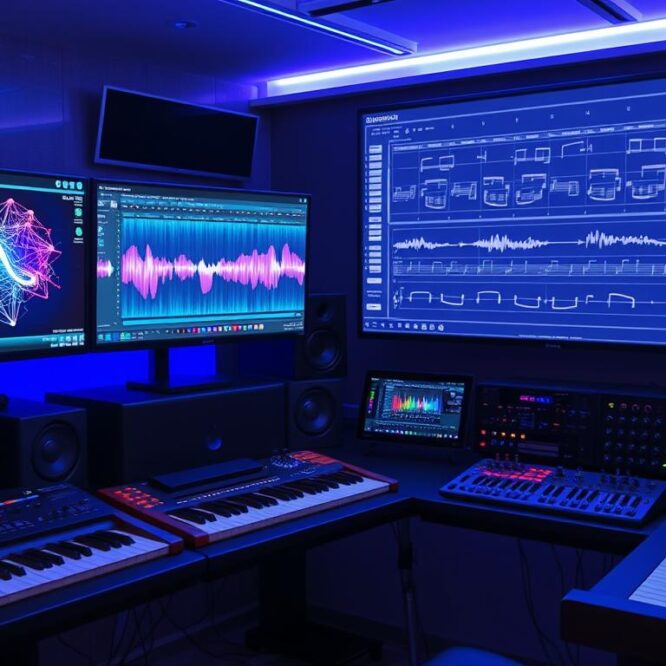 AI music production studio setup with digital interfaces showing AI tools for music creation in 2025