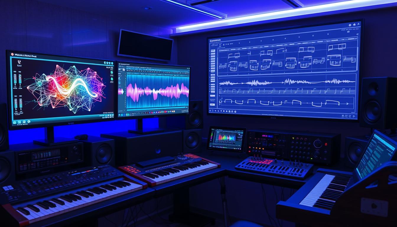 AI music production studio setup with digital interfaces showing AI tools for music creation in 2025