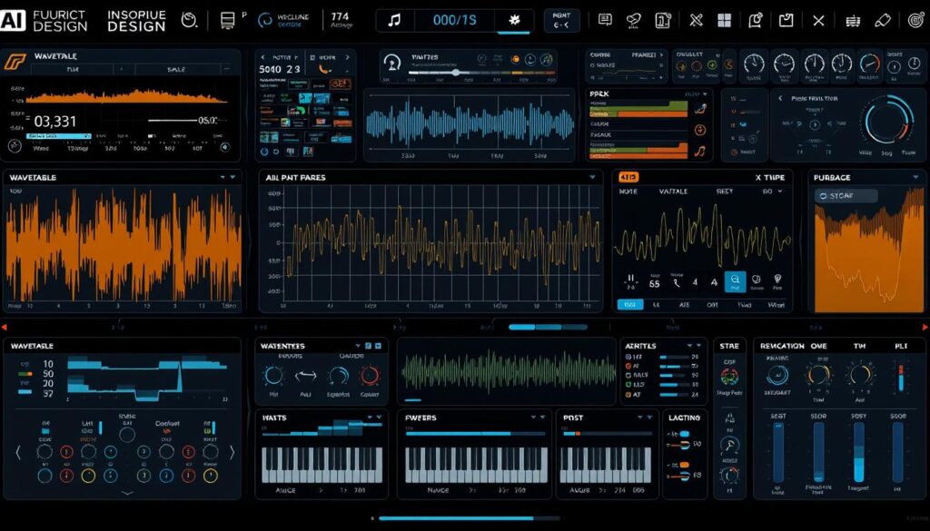 AI sound design interface showing waveform manipulation and neural synthesis for music production in 2025