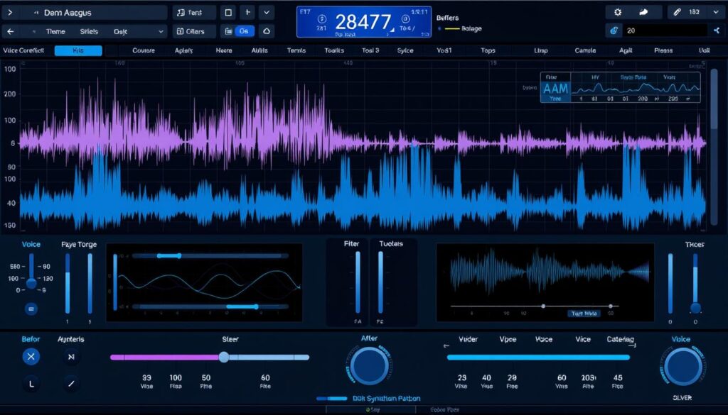 AI vocal processing interface showing waveforms and voice synthesis parameters for music production in 2025
