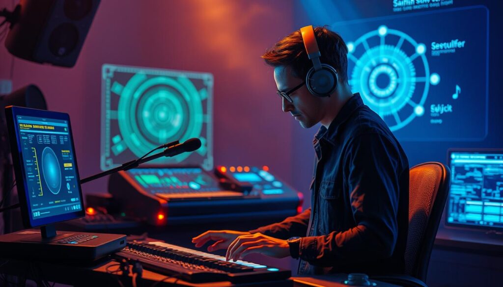 Artist collaborating with AI music production tools showing creative partnership in 2025