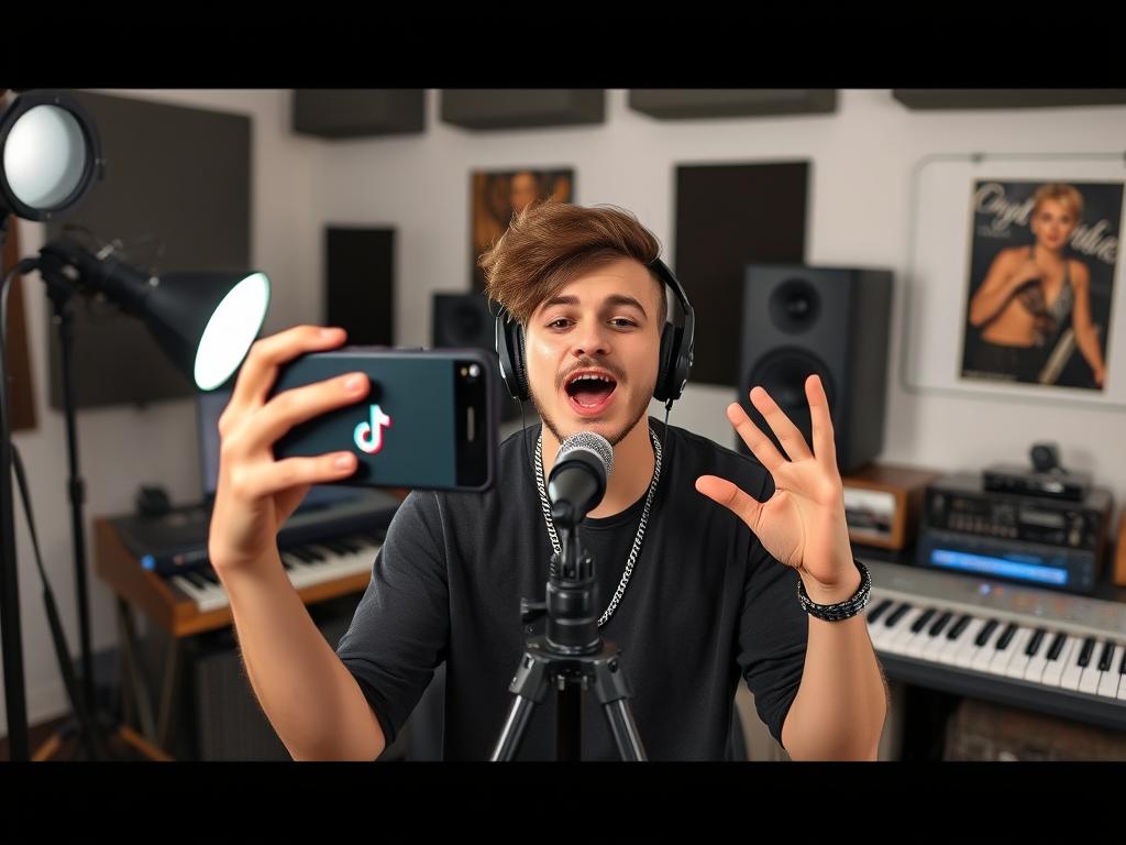 Artist creating TikTok teaser video for new music release as part of music marketing strategies