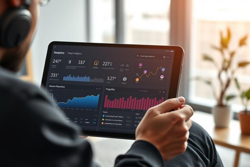 Artist reviewing analytics on a distribution platform dashboard for release your first song as an independent artist 2025