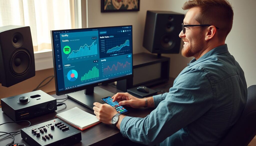Artist reviewing streaming analytics after implementing music marketing strategies