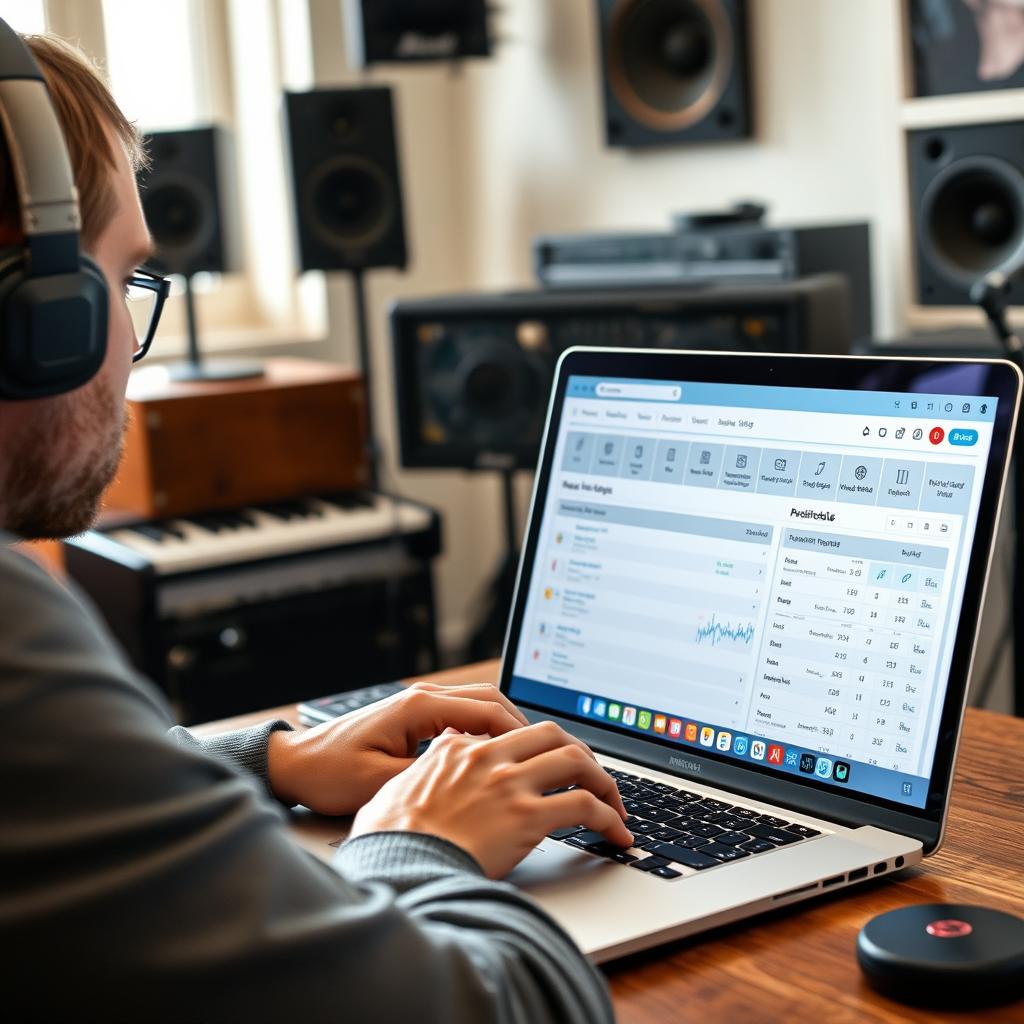 Artist using a music distribution platform dashboard on laptop showing analytics and upload interface