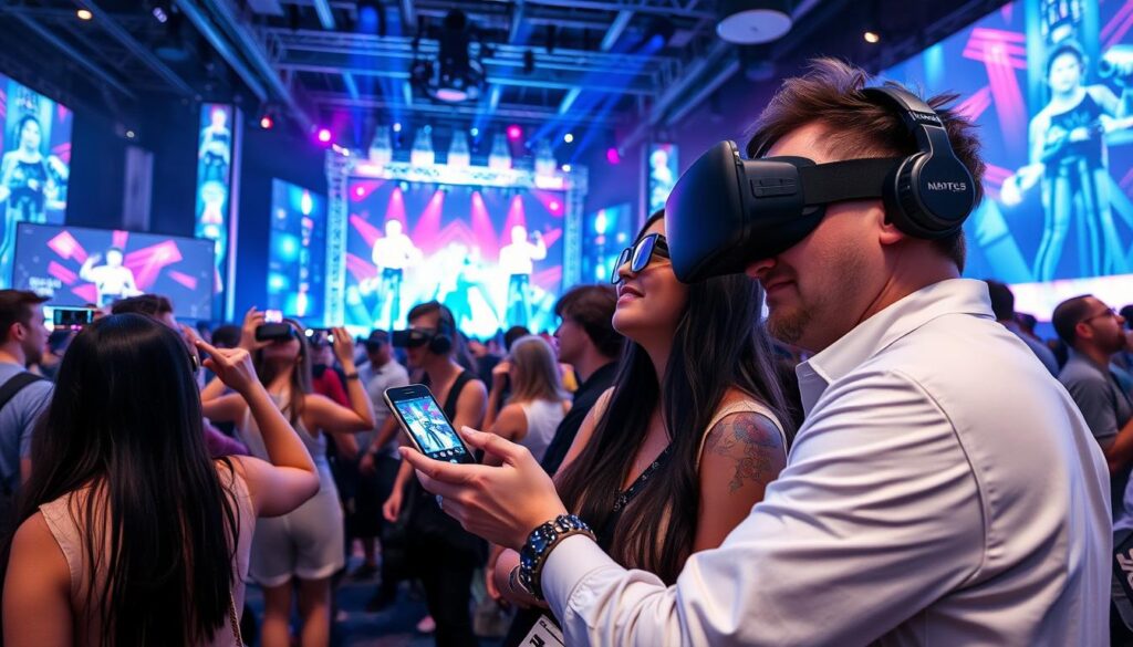 Attendees experiencing a VR music festival with AR elements showing EDM & Dance Music Trends 2025