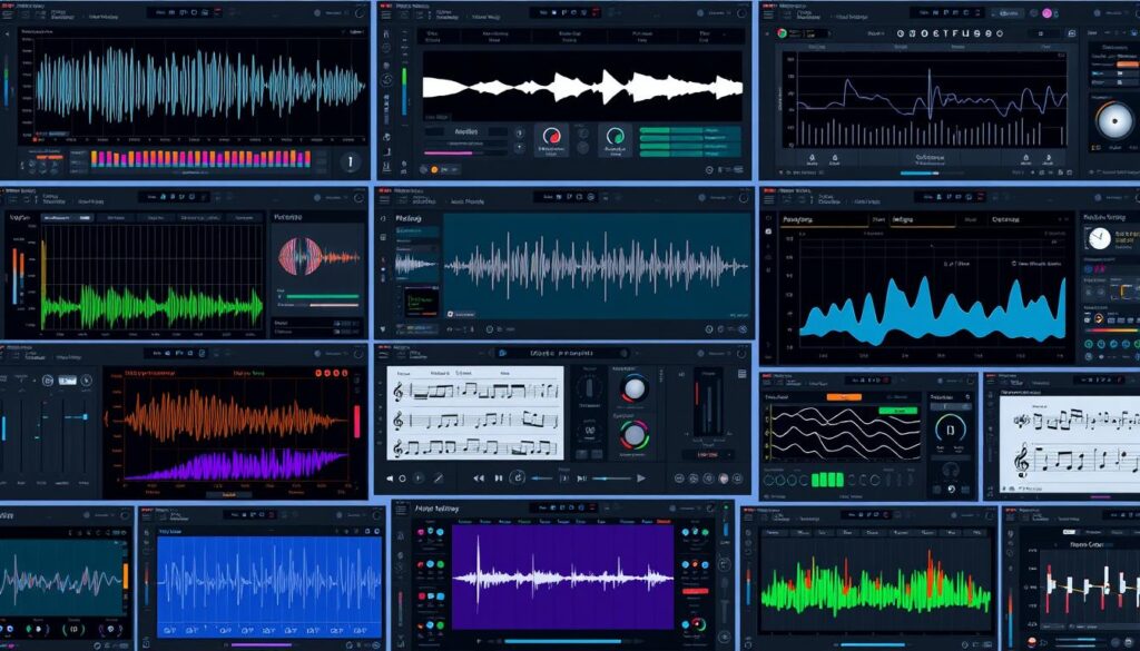 Collection of AI music production tools interfaces showing MIDI generation, vocal processing, and mastering capabilities in 2025