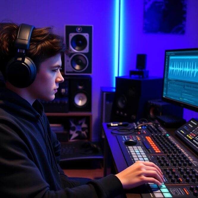 DJ creating remixes for new artists in a studio with equipment