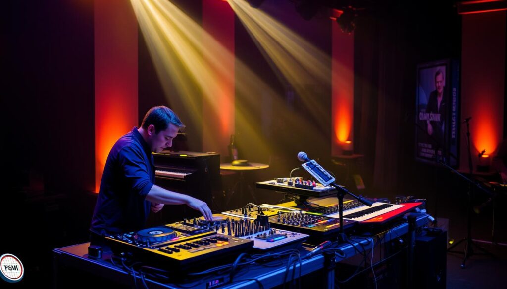 DJ performing with hybrid setup of traditional equipment and live instruments representing EDM & Dance Music Trends 2025