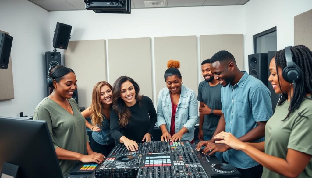 Diverse group of DJs and producers collaborating in a studio showing EDM & Dance Music Trends 2025