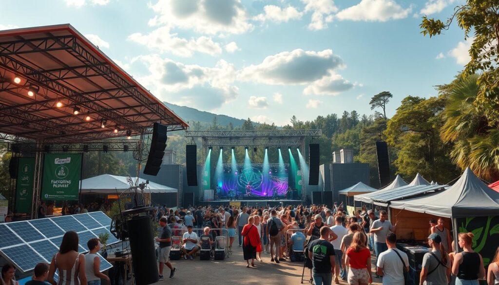 Eco-friendly music festival with solar-powered stages showing EDM & Dance Music Trends 2025