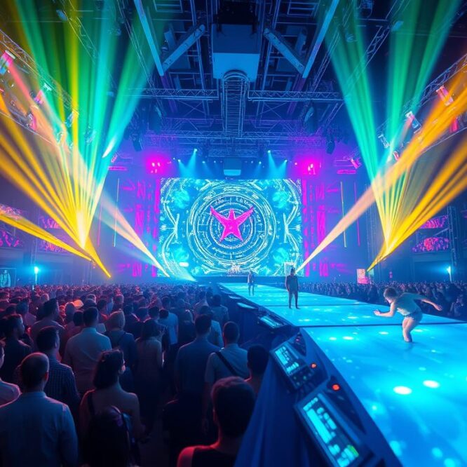 Futuristic EDM festival with advanced light show and holographic elements representing EDM & Dance Music Trends 2025