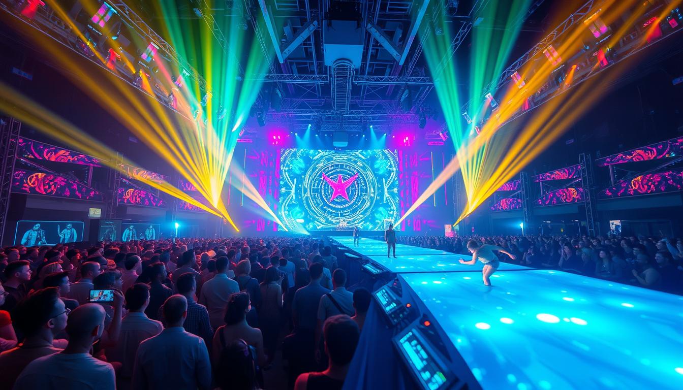 Futuristic EDM festival with advanced light show and holographic elements representing EDM & Dance Music Trends 2025