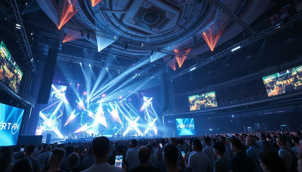 Futuristic festival combining physical and digital elements showing EDM & Dance Music Trends 2025