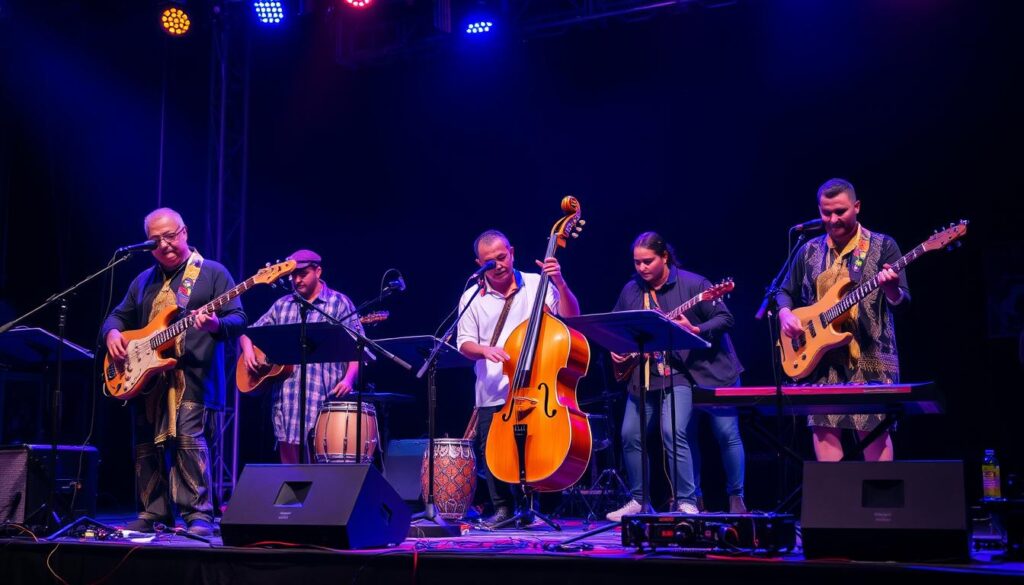 Global music fusion performance combining traditional instruments with electronic production representing EDM & Dance Music Trends 2025