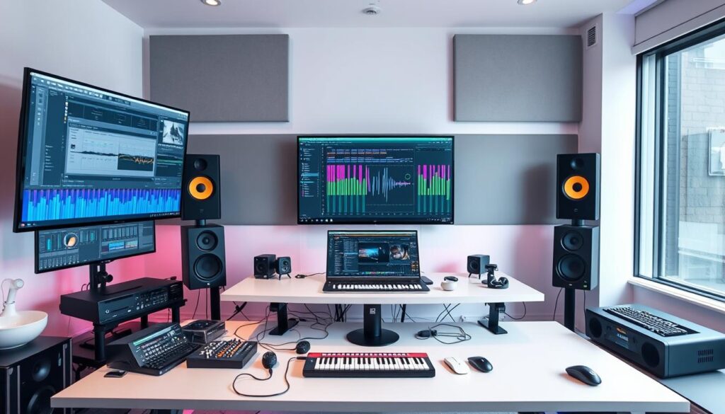 Modern cloud-based music production studio with multiple screens showing EDM & Dance Music Trends 2025