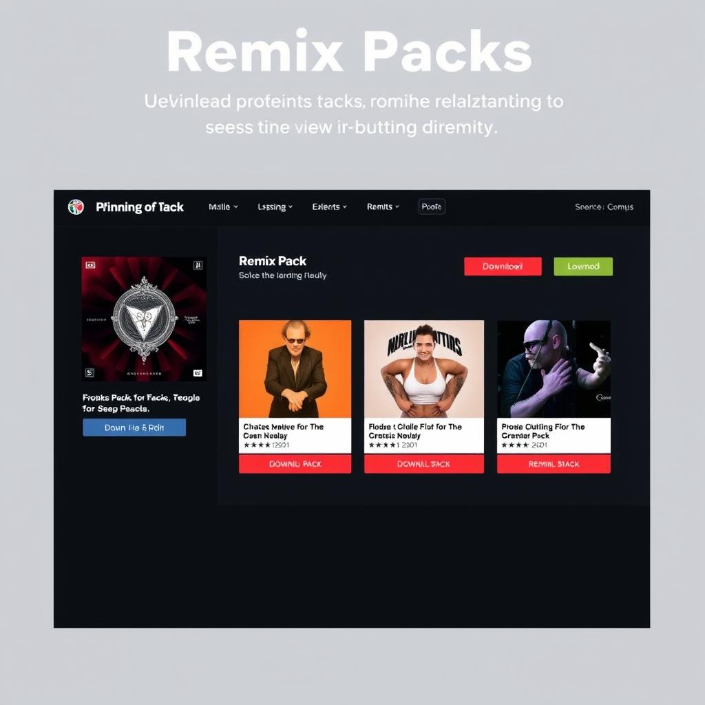 Remix Packs website showing available tracks for remixing