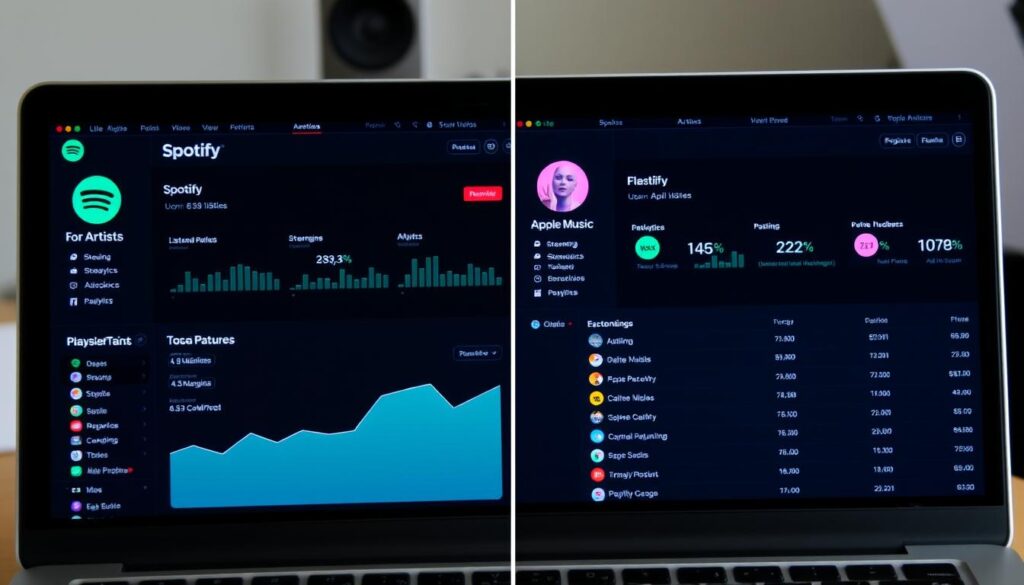Spotify for Artists and Apple Music for Artists dashboards showing analytics for music marketing strategies