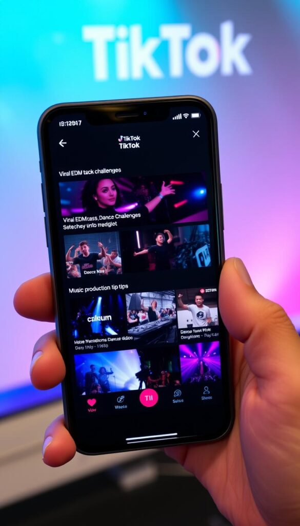 TikTok interface showing viral EDM tracks and dance challenges representing EDM & Dance Music Trends 2025