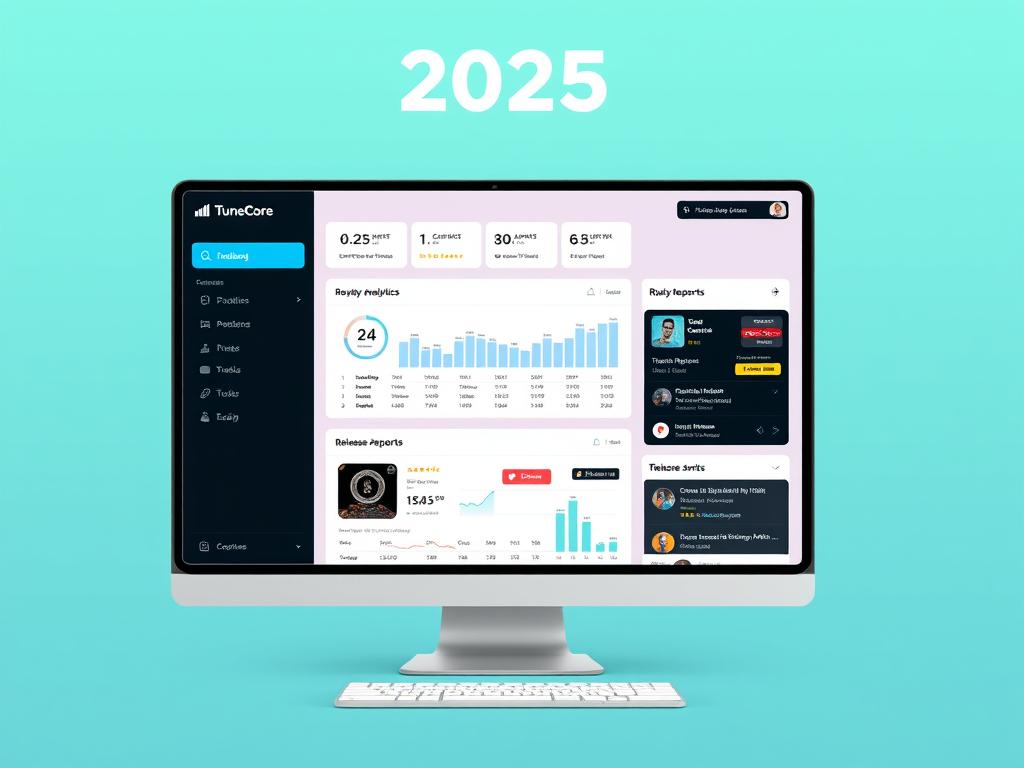 TuneCore interface showing their 2025 dashboard with music distribution analytics and features