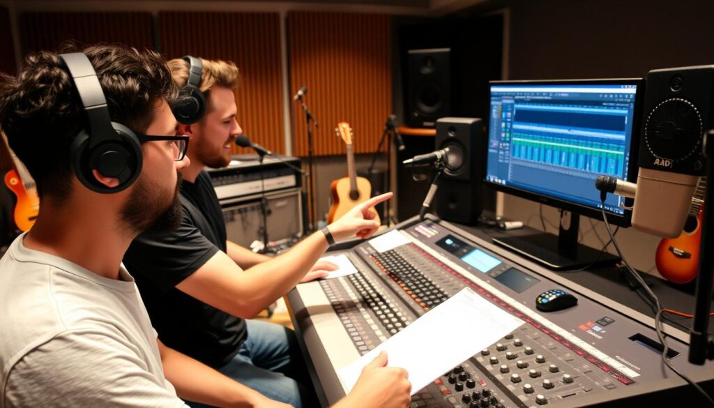 Two musicians collaborating in a recording studio implementing music marketing strategies
