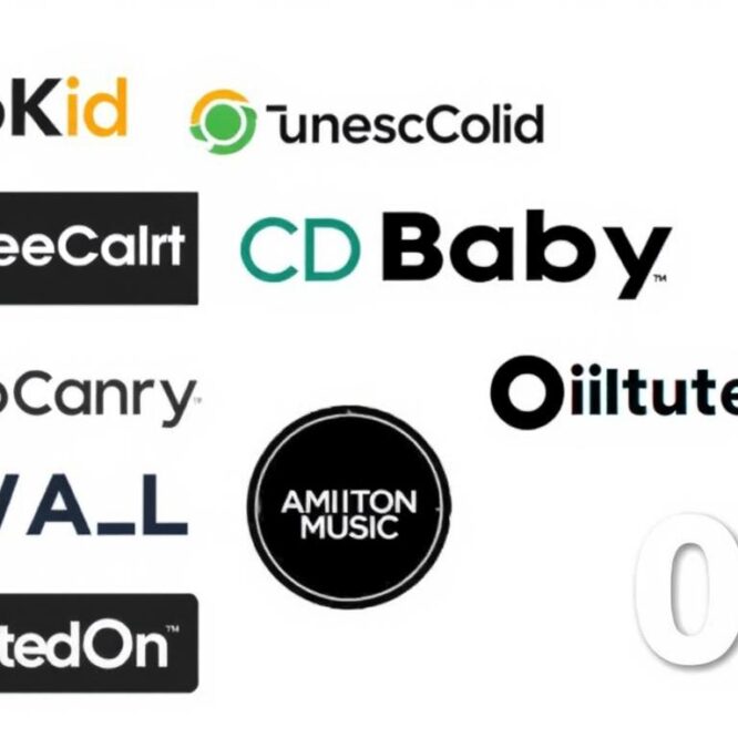 Various music distribution platforms logos for 2025 showing DistroKid, TuneCore, CD Baby and other popular services