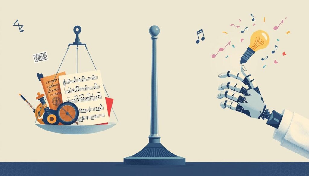 Visual representation of ethical considerations in AI music production showing copyright and creativity concepts in 2025