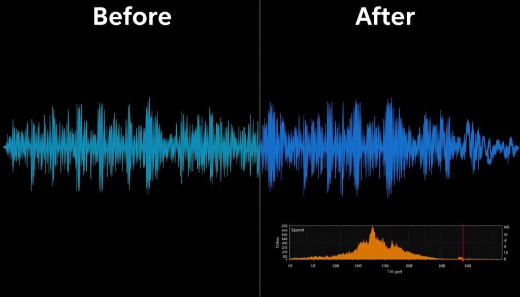 AI mastering process showing before and after waveforms