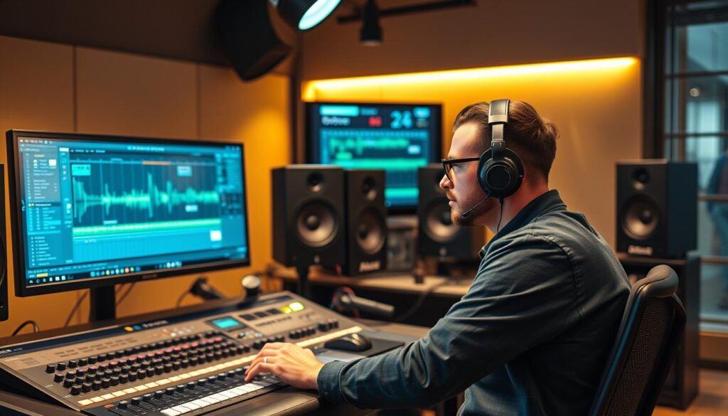 Audio engineer working with AI assistant to make creative decisions in a modern studio