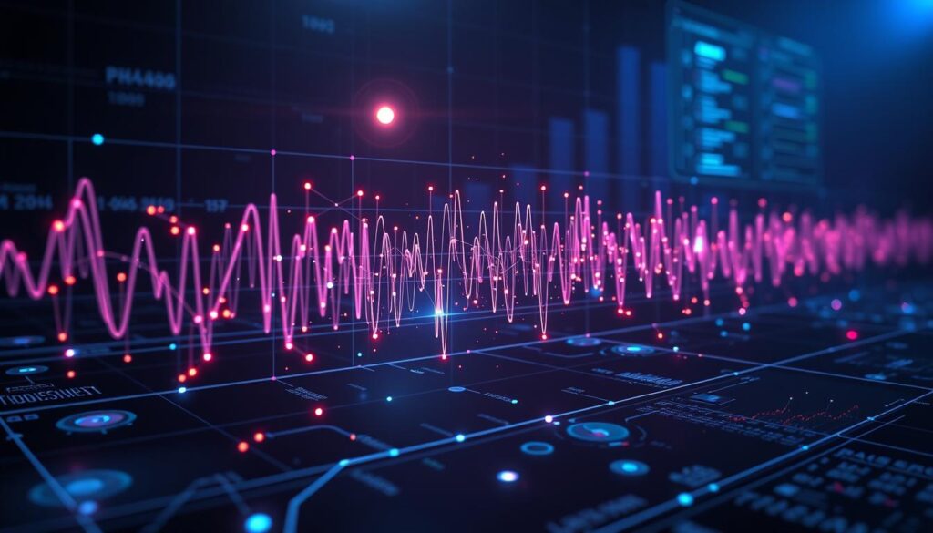 Futuristic visualization of AI mastering algorithm analyzing a complex audio waveform in 3D space