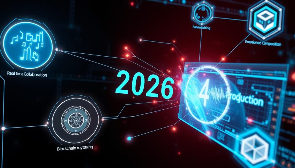 Futuristic visualization of AI music production trends for 2026