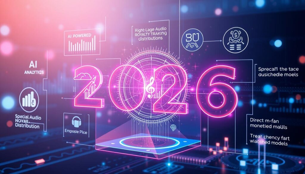 Futuristic visualization of music distribution trends in 2026