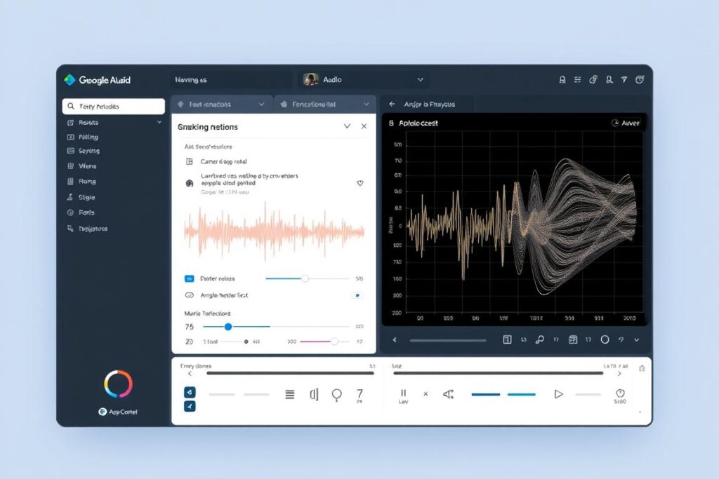 Google DeepMind Audio conceptual interface showing AI-powered mixing tools with neural network visualization