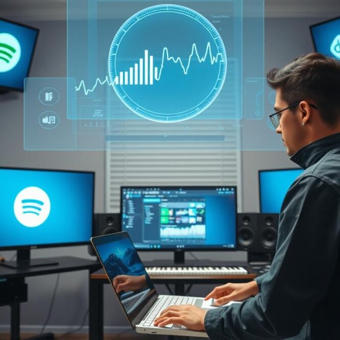 Independent artist in home studio uploading music through distribution platform in 2026