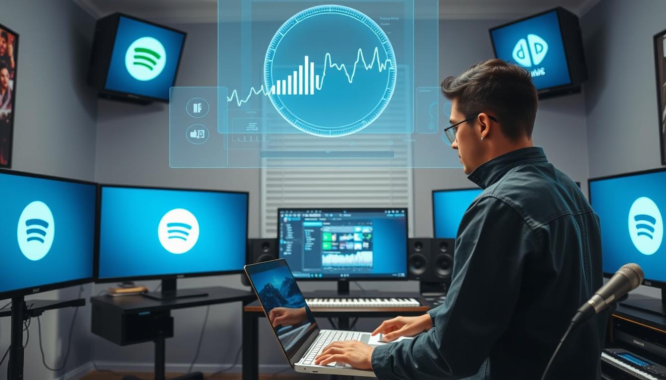 Independent artist in home studio uploading music through distribution platform in 2026