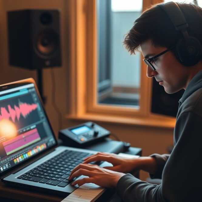 Independent artist using AI music production tools in home studio
