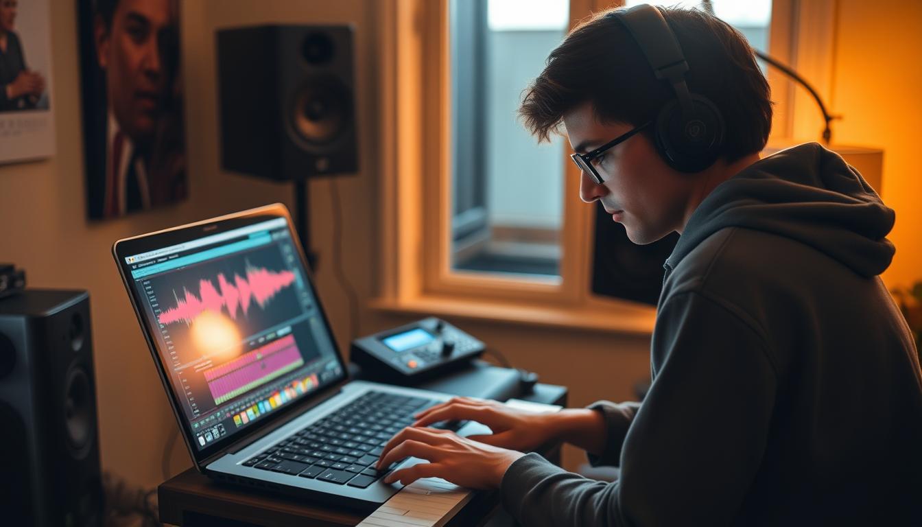 Independent artist using AI music production tools in home studio