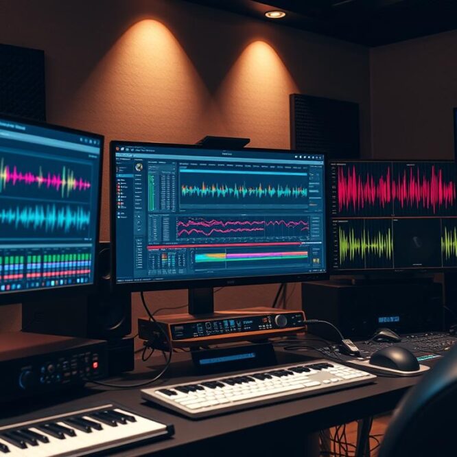 Modern studio setup with AI-powered mixing and mastering plugins visible on multiple screens