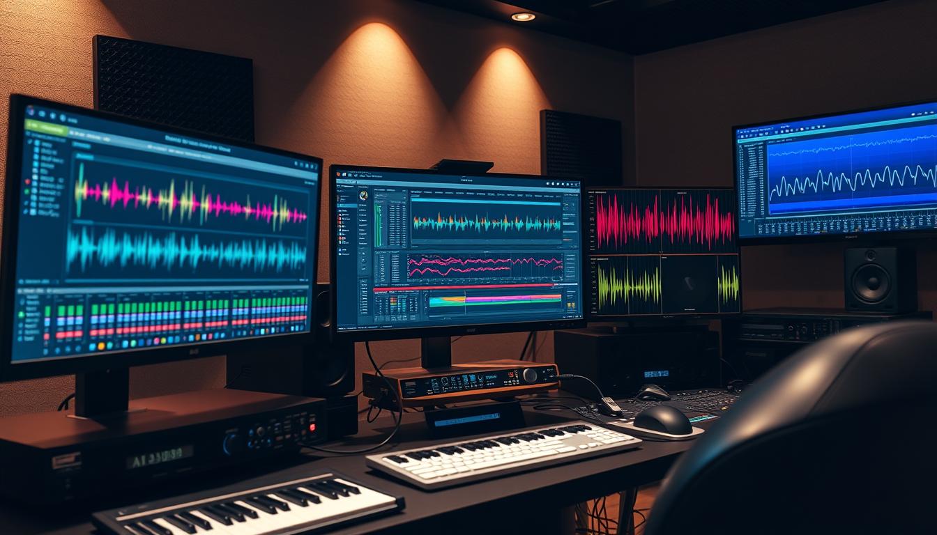 Modern studio setup with AI-powered mixing and mastering plugins visible on multiple screens