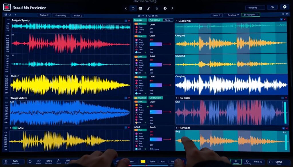 Neural mix prediction interface showing multiple potential mix outcomes with different processing chains