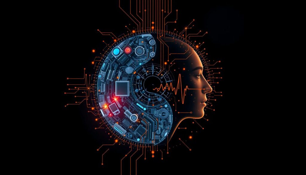 Visual representation of the balance between AI automation and human creativity in music production