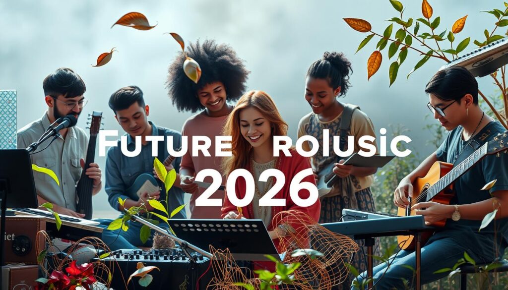 Diverse group of electronic music creators collaborating on future projects for 2026