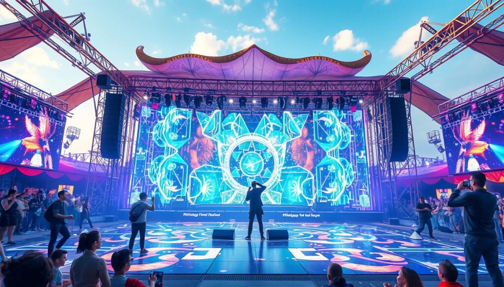 Futuristic electronic music festival with mixed reality elements showing future of electro music 2026