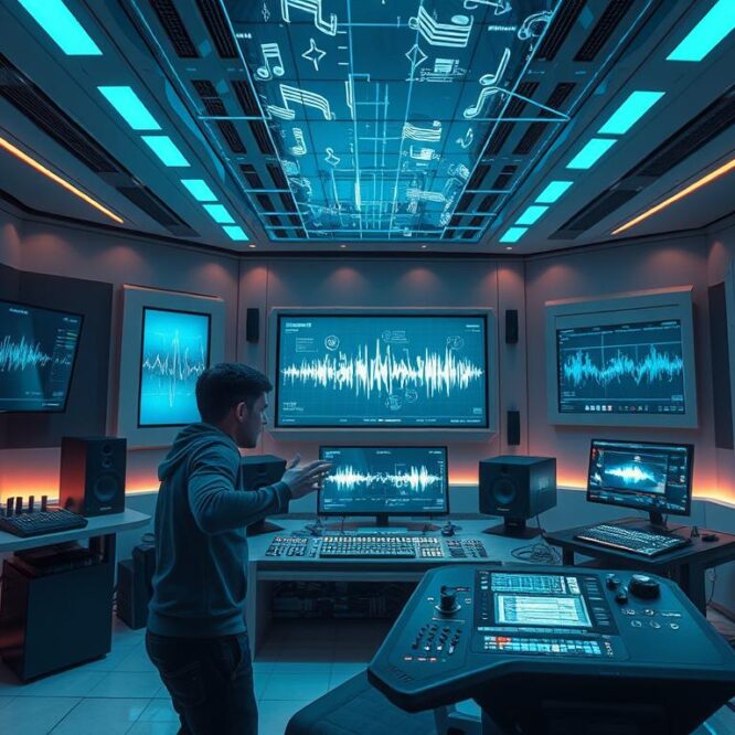 Futuristic music production studio with holographic interfaces showing the future of electro music 2026