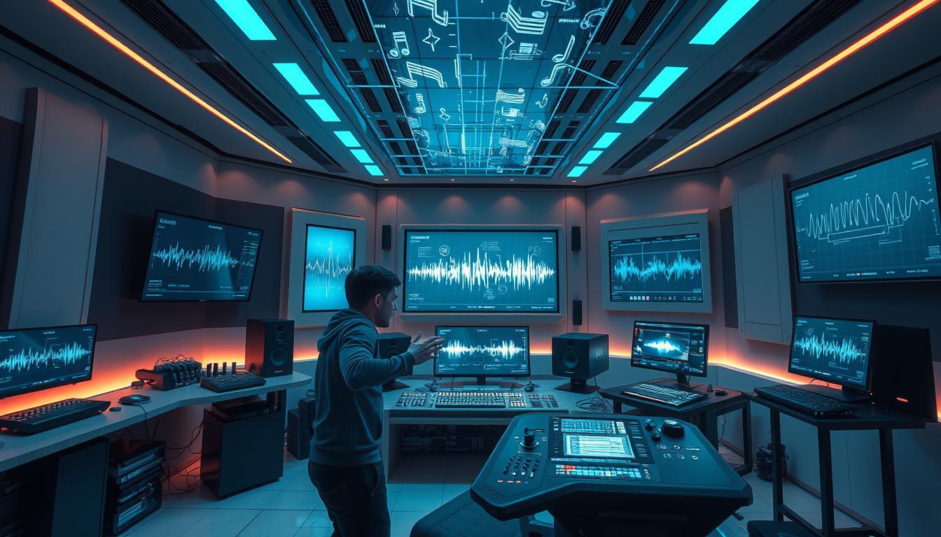 Futuristic music production studio with holographic interfaces showing the future of electro music 2026