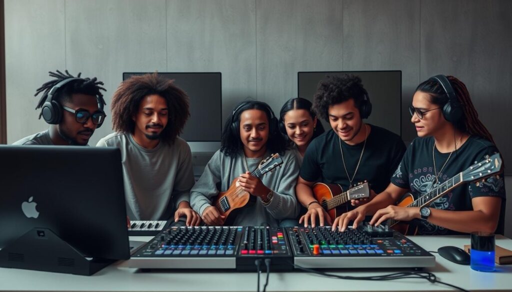 Global electronic music producers collaborating remotely showing diverse influences on future of electro music 2026