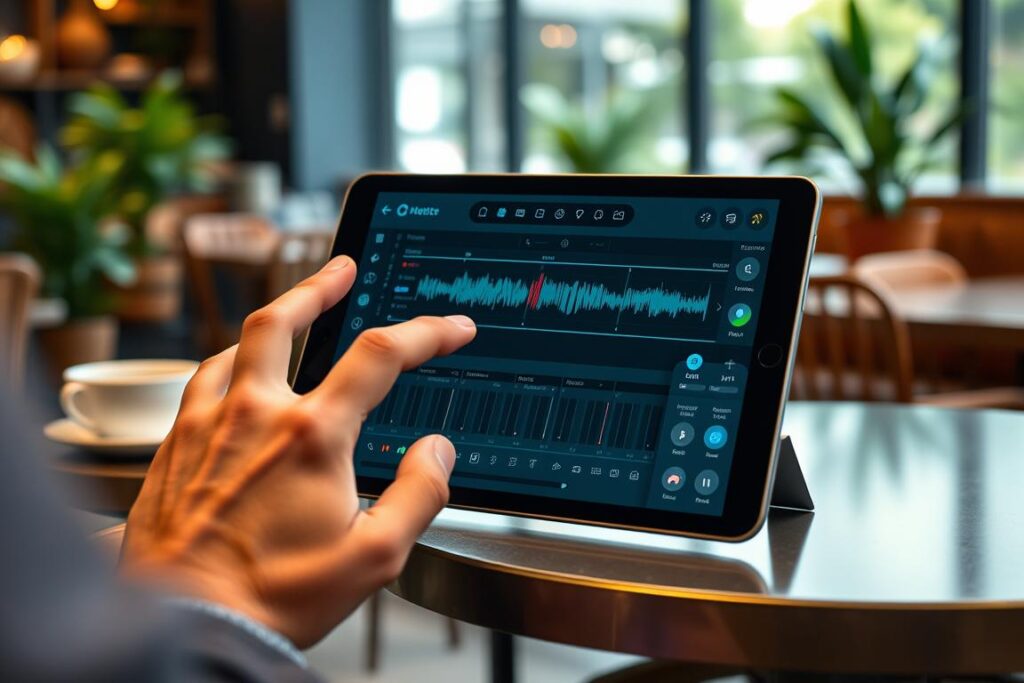 Mobile music production software 2026 being used on tablet with cloud sync
