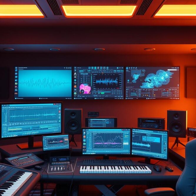 Music producer using modern music production software 2026 in studio setup with multiple screens