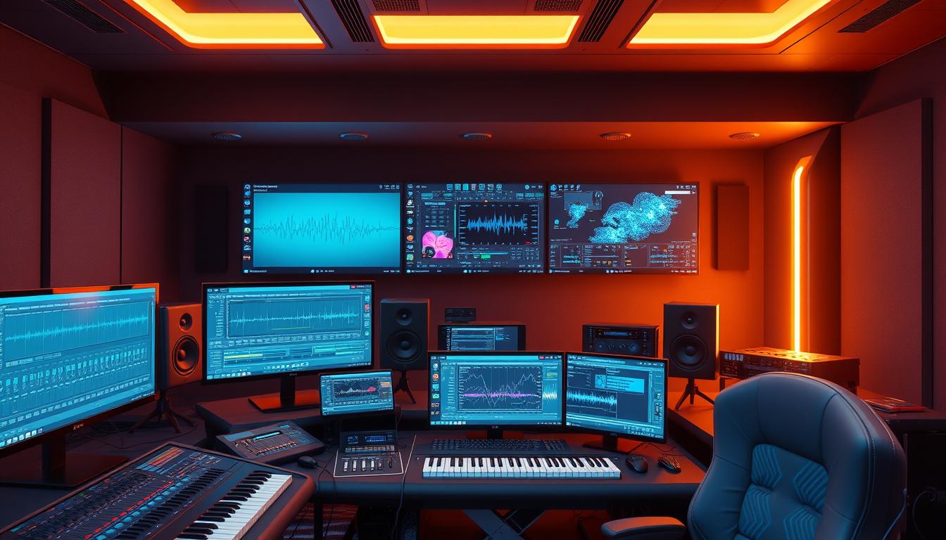 Music producer using modern music production software 2026 in studio setup with multiple screens